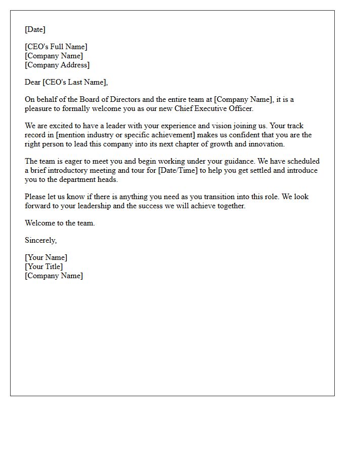 Welcome Letter to the New Chief Executive Officer
