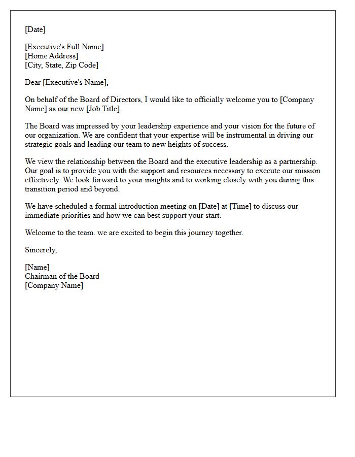 Board of Directors Welcome Letter for Executive Hire