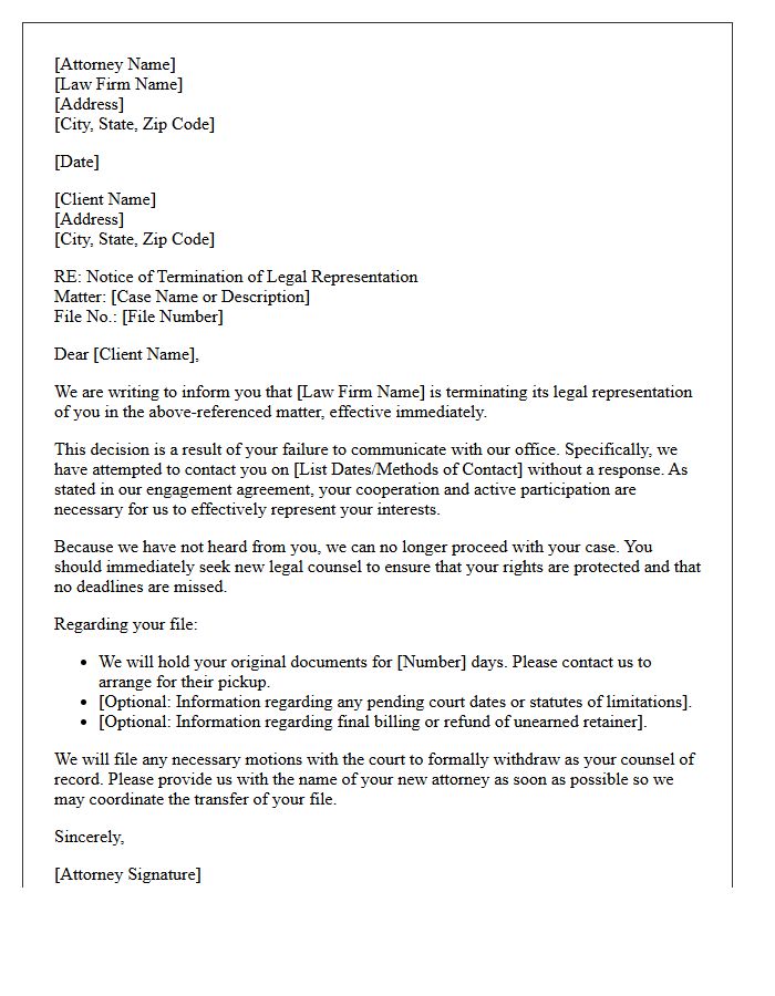 Failure to Communicate Attorney Disengagement Letter