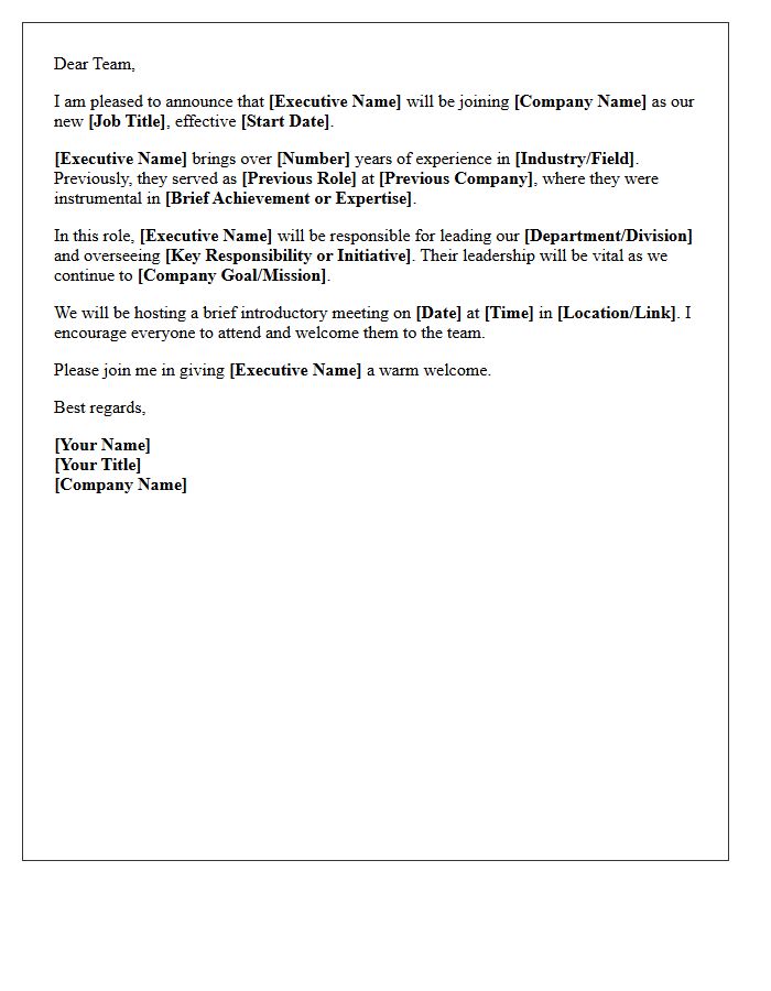 Team Introduction Welcome Letter for Executive Hire