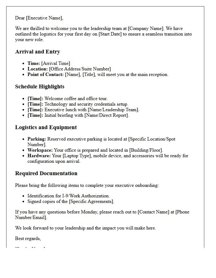 First Day Logistics Welcome Letter for Executive Hire