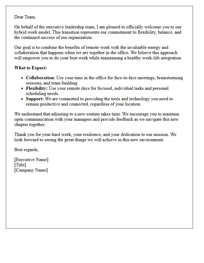 Executive Leadership Welcome Letter to Hybrid Staff