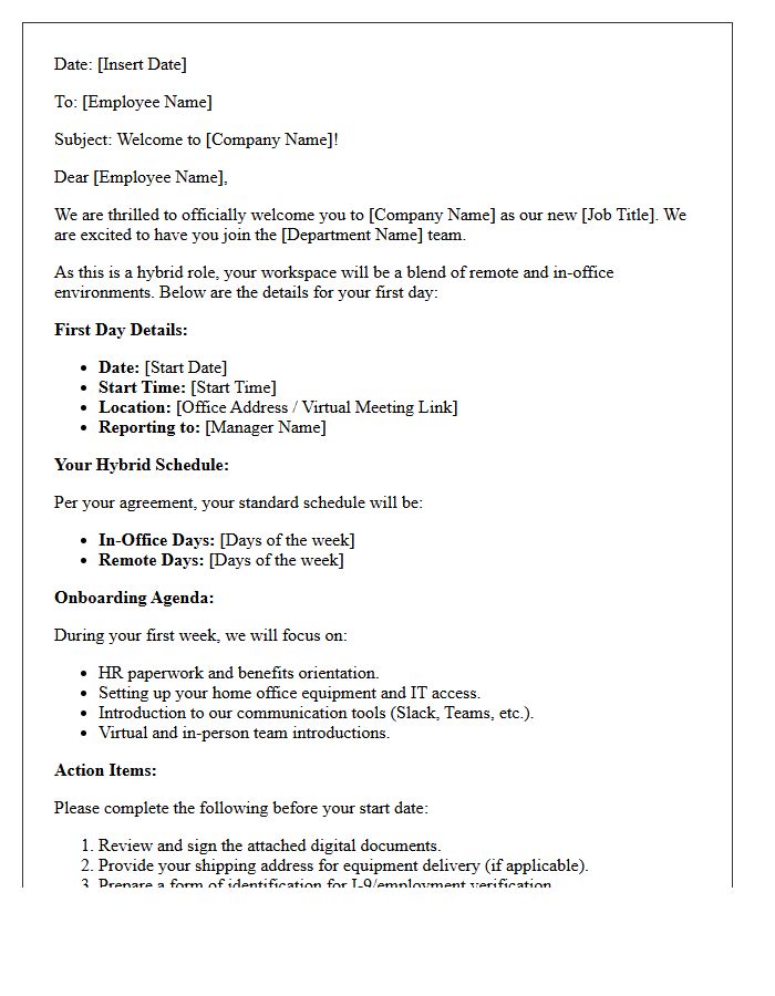 Human Resources Onboarding Welcome Letter for Hybrid Roles
