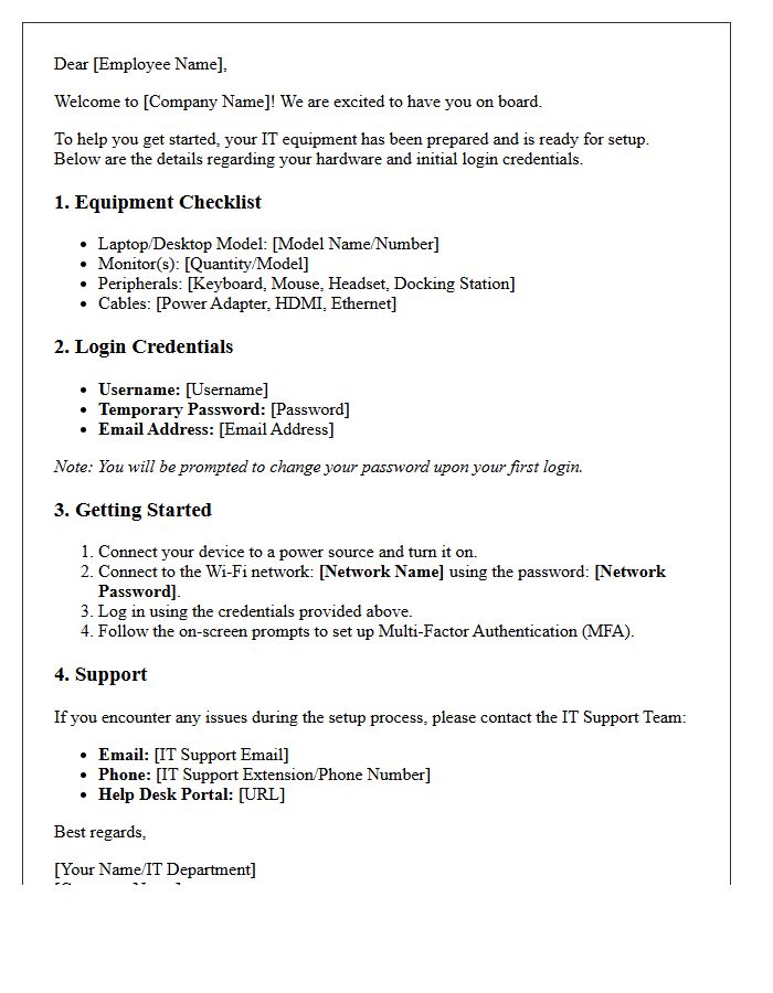 Information Technology Equipment Setup Welcome Letter