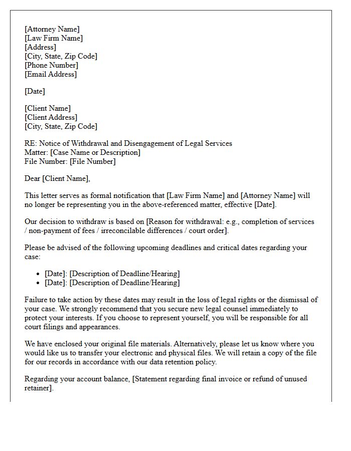 Notice of Attorney Withdrawal Disengagement Letter