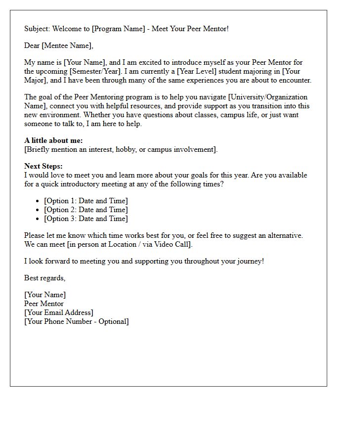Peer Mentor Introduction Welcome Letter