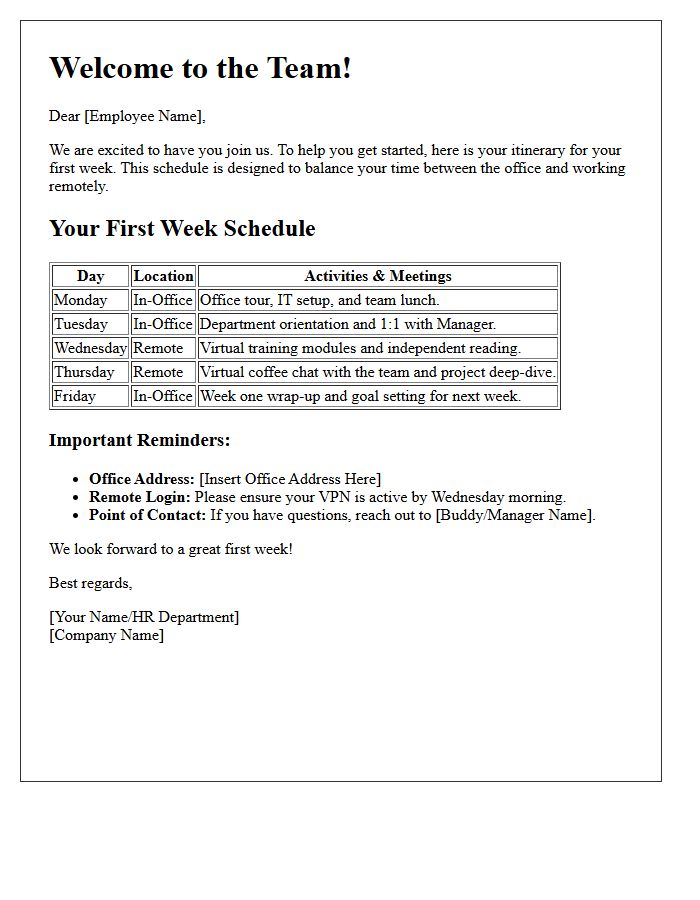First Week Hybrid Itinerary Welcome Letter