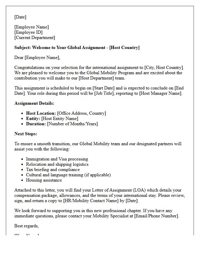 Global Mobility Assignment Welcome Letter