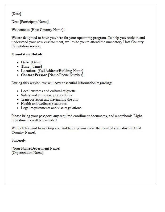 Host Country Orientation Welcome Letter
