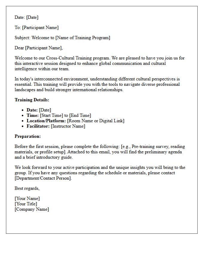 Cross-Cultural Training Welcome Letter