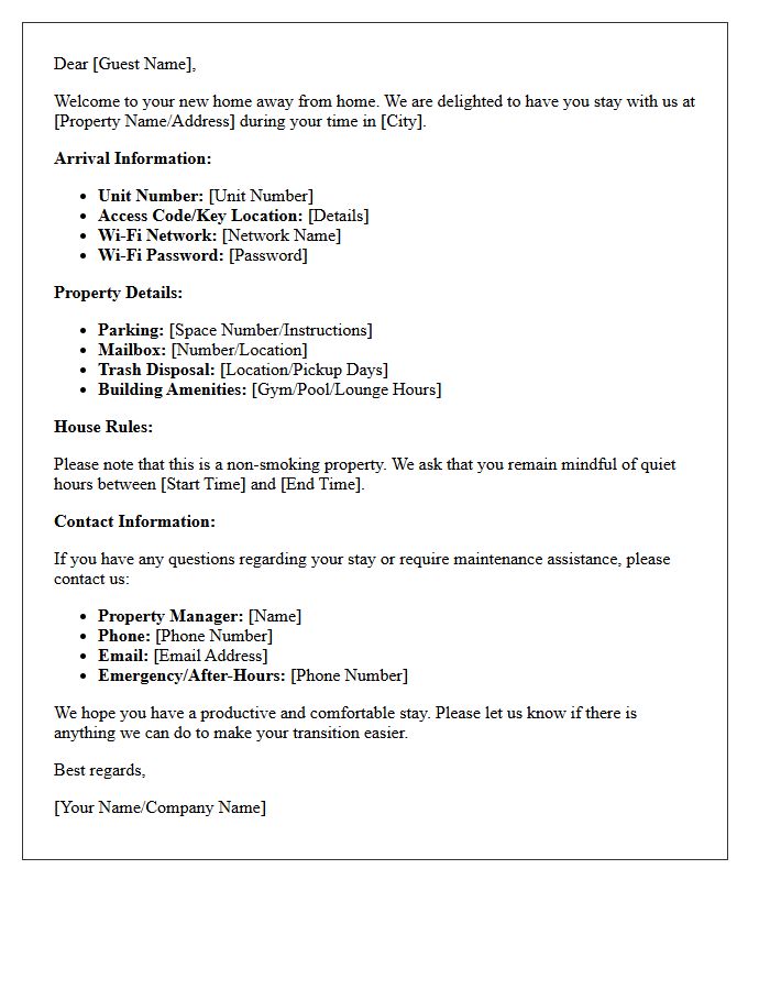 Corporate Housing Accommodation Welcome Letter
