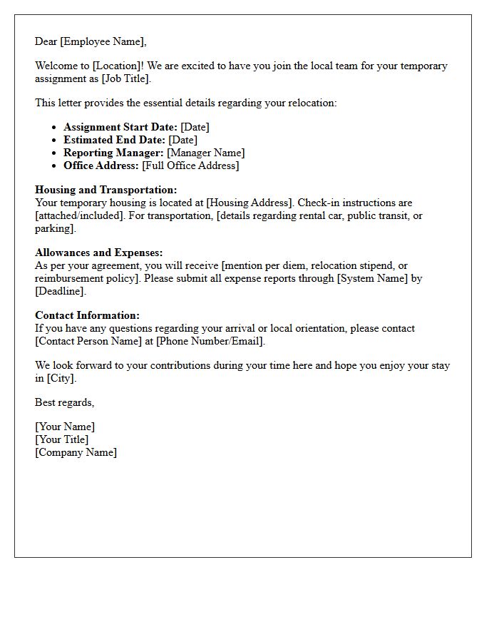 Temporary Assignment Relocation Welcome Letter