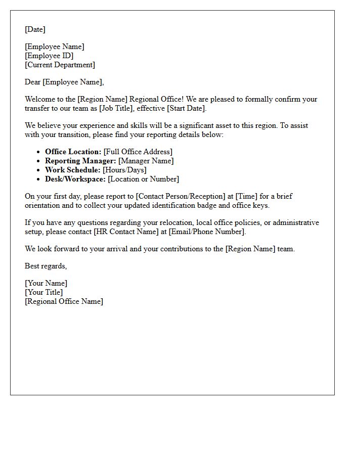 Regional Office Transfer Welcome Letter