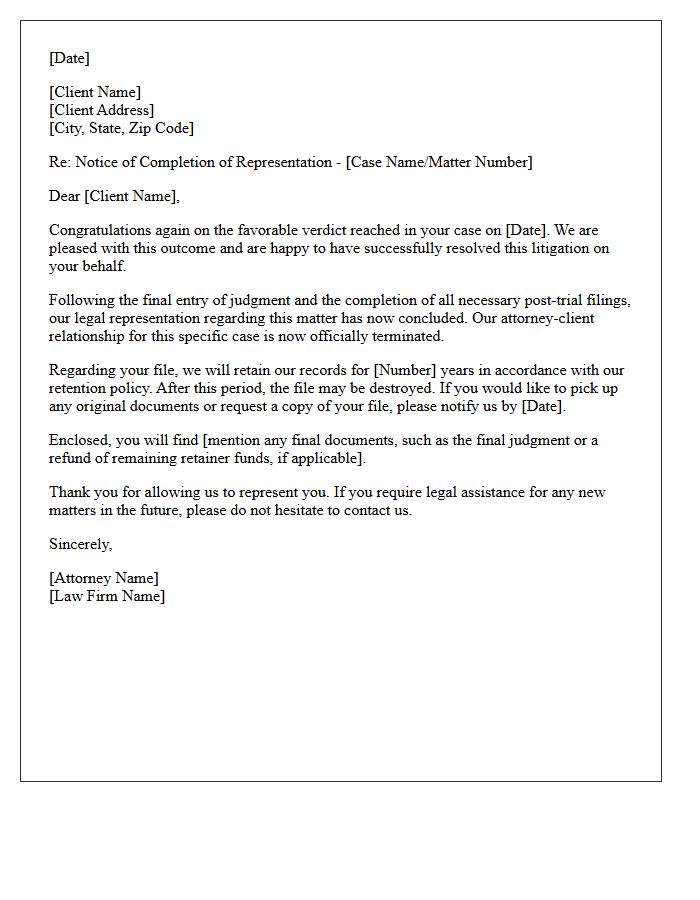 Post-Litigation Favorable Verdict Disengagement Letter