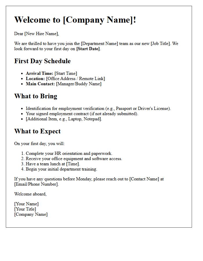 First Day Instructions and Welcome Letter