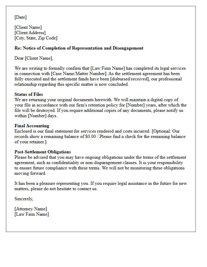 Post-Litigation Settlement Execution Disengagement Letter