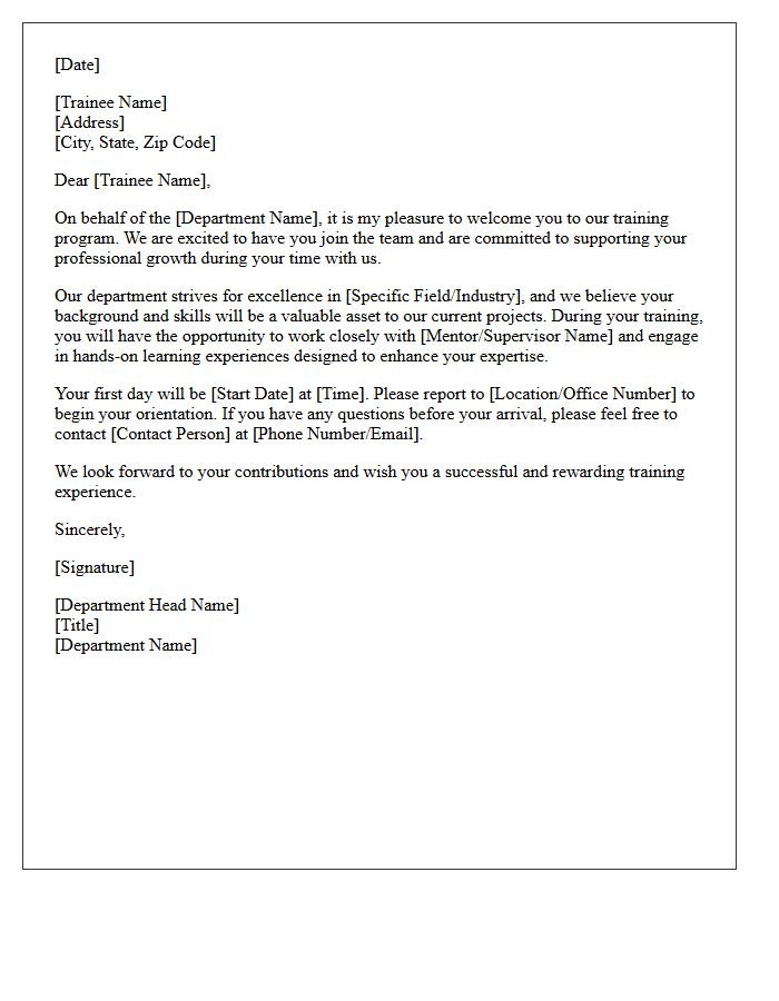Department Head Welcome Letter to Trainee
