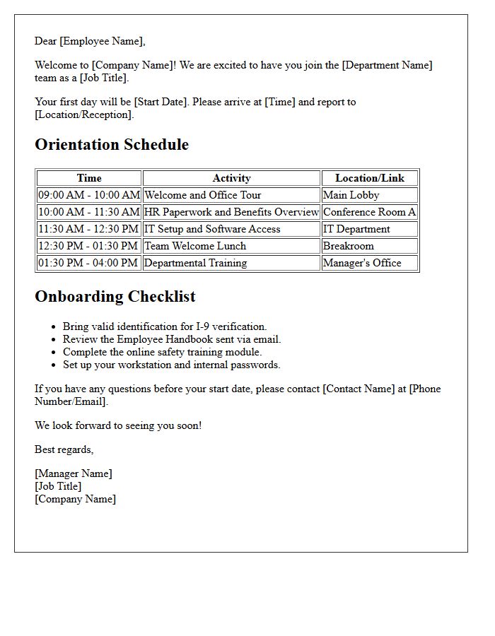 Orientation Schedule and Onboarding Letter