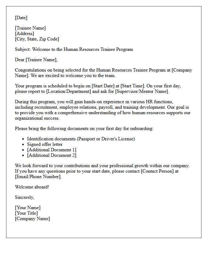 Welcome Letter to the Human Resources Trainee Program