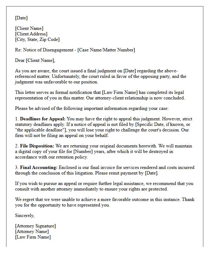 Post-Litigation Unfavorable Judgment Disengagement Letter