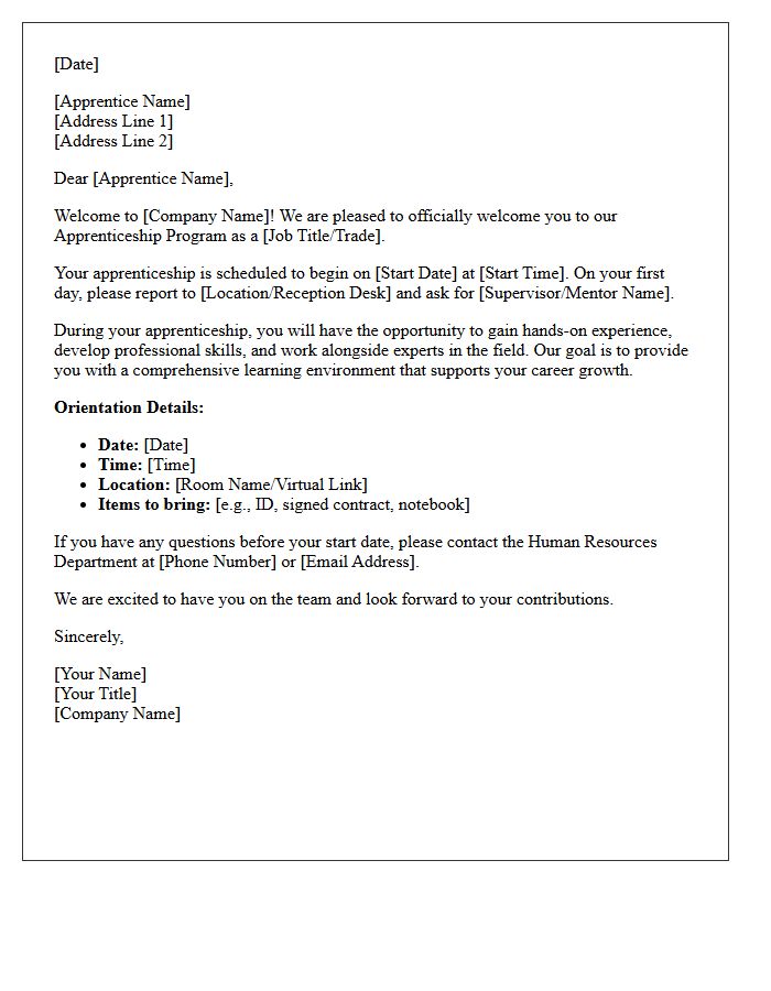 Human Resources Department Apprenticeship Welcome Letter