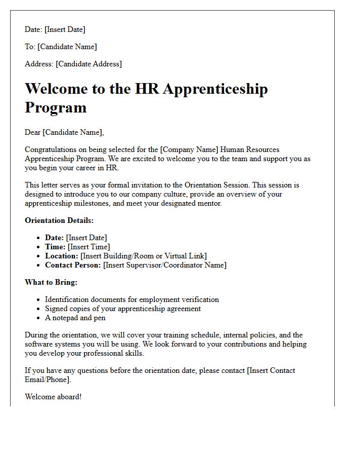 HR Apprentice Candidate Orientation Welcome Letter