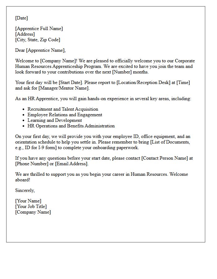 Corporate Human Resources Apprenticeship Welcome Letter
