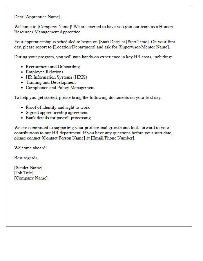 Human Resources Management Apprenticeship Welcome Letter