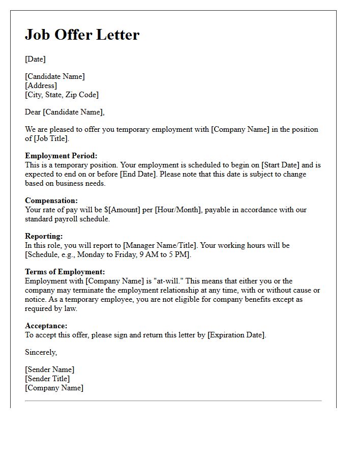 Offer Letter for Temporary Employment