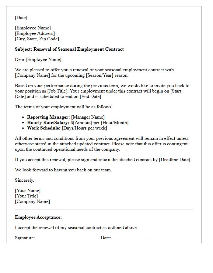 Contract Renewal Letter for Seasonal Staff