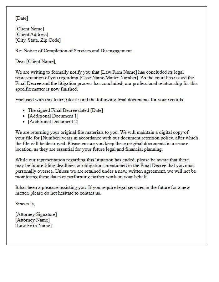 Post-Litigation Final Decree Disengagement Letter