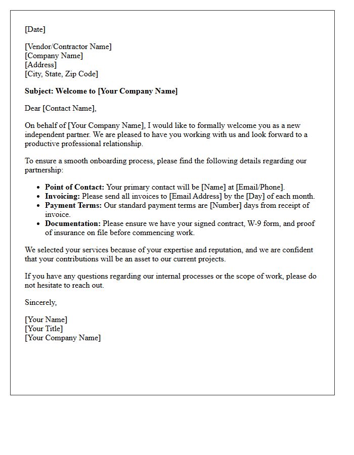 Vendor and Independent Contractor Welcome Letter