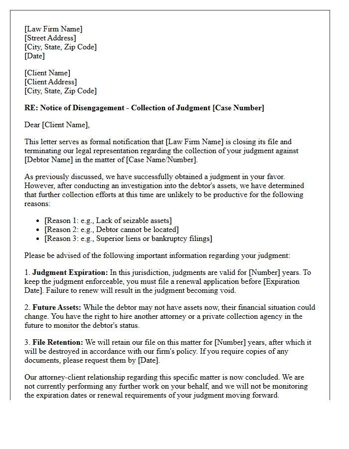 Post-Litigation Judgment Collection Disengagement Letter