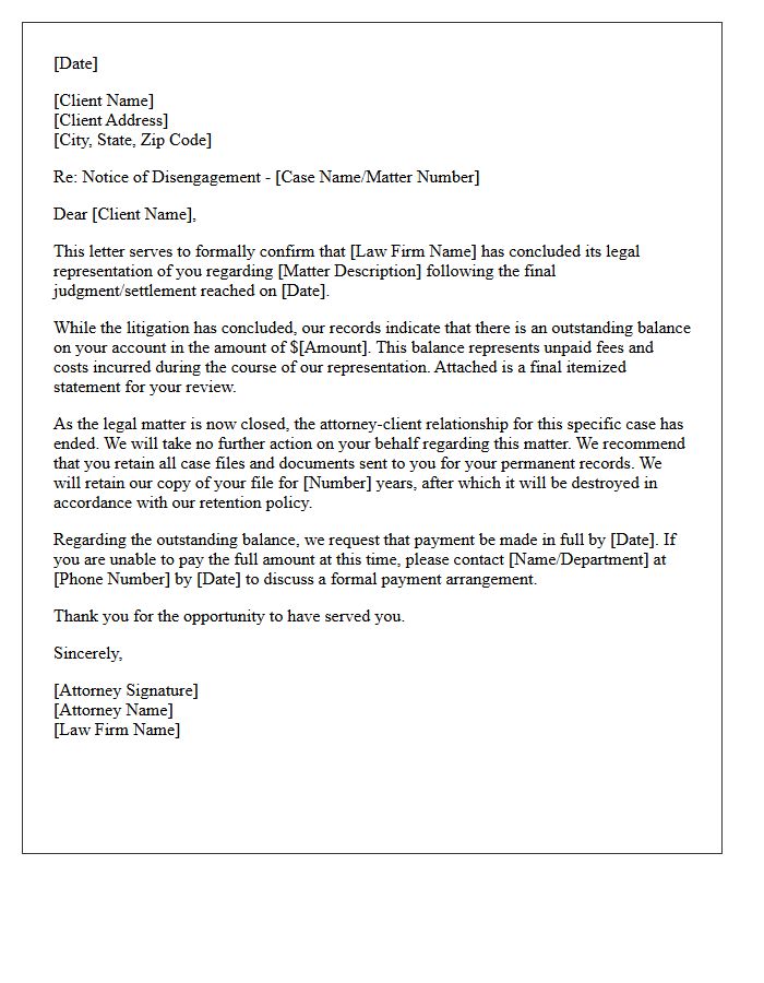 Post-Litigation Outstanding Balance Disengagement Letter
