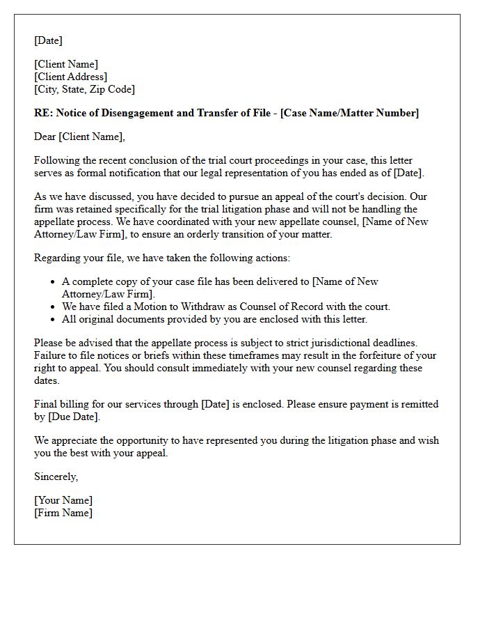 Post-Litigation Appellate Transfer Disengagement Letter