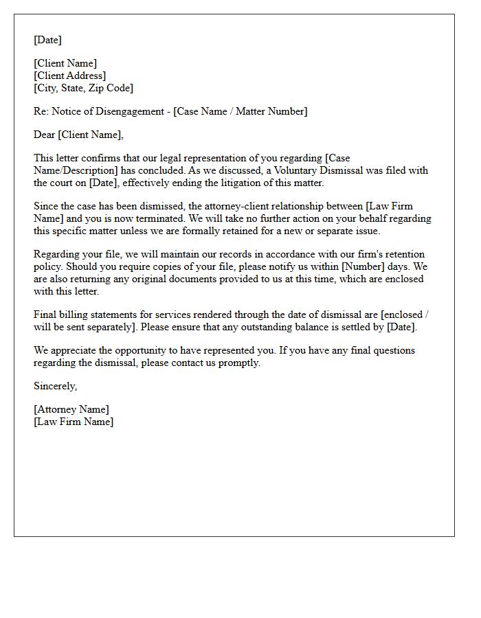 Post-Litigation Voluntary Dismissal Disengagement Letter