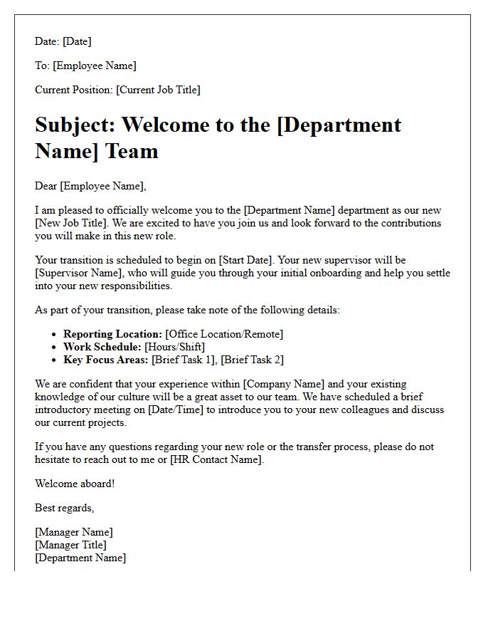 Standard Welcome Letter for Internal Department Transfer