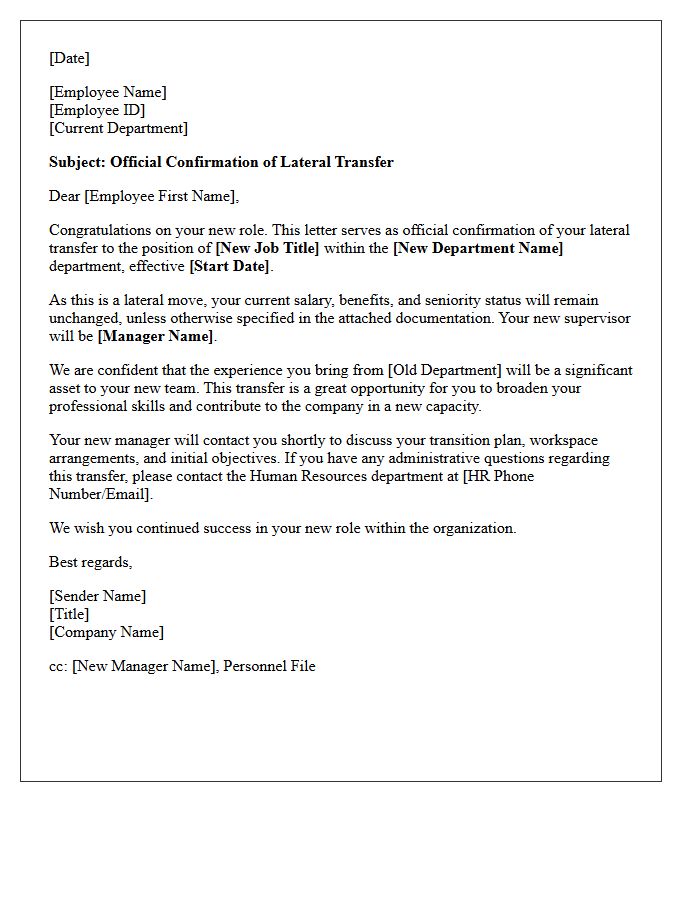 Official Human Resources Welcome Letter for Lateral Transfer