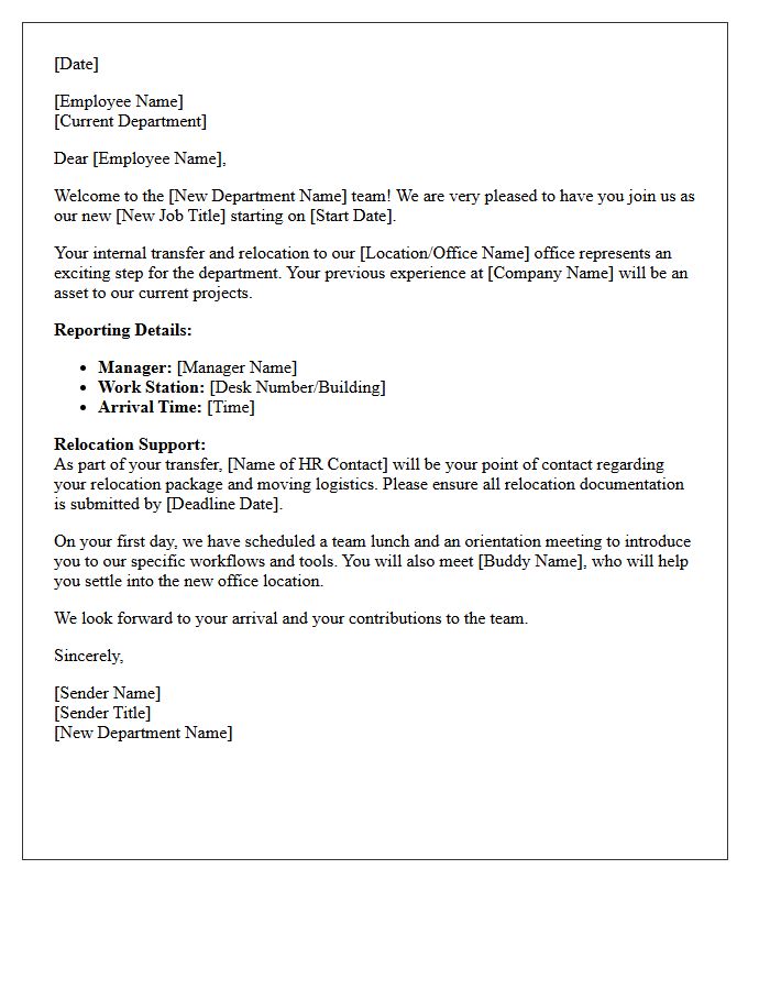 Departmental Welcome Letter for Internal Relocation Transfer