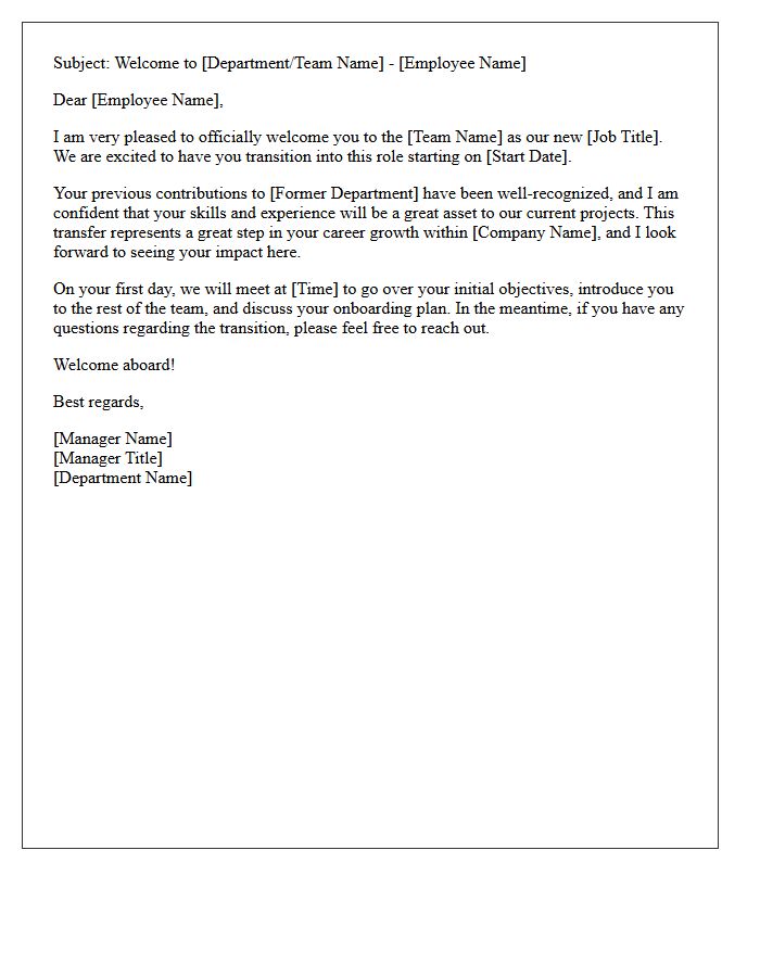 Managerial Welcome Letter for Internal Team Transfer