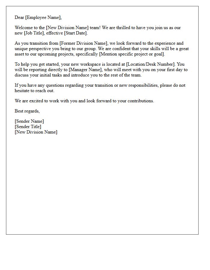 Introductory Welcome Letter for Internal Division Transfer