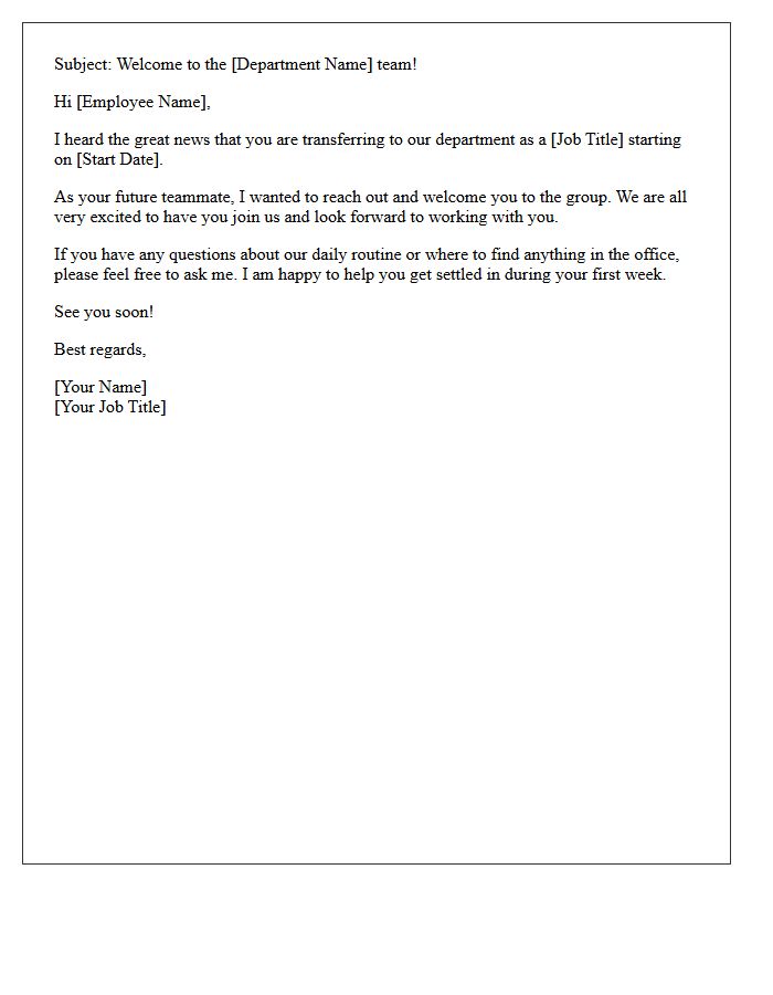 Peer Welcome Letter for Internal Department Transfer