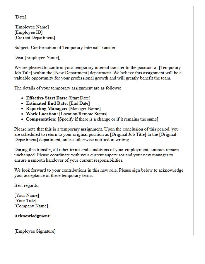 Human Resources Welcome Letter for Temporary Internal Transfer