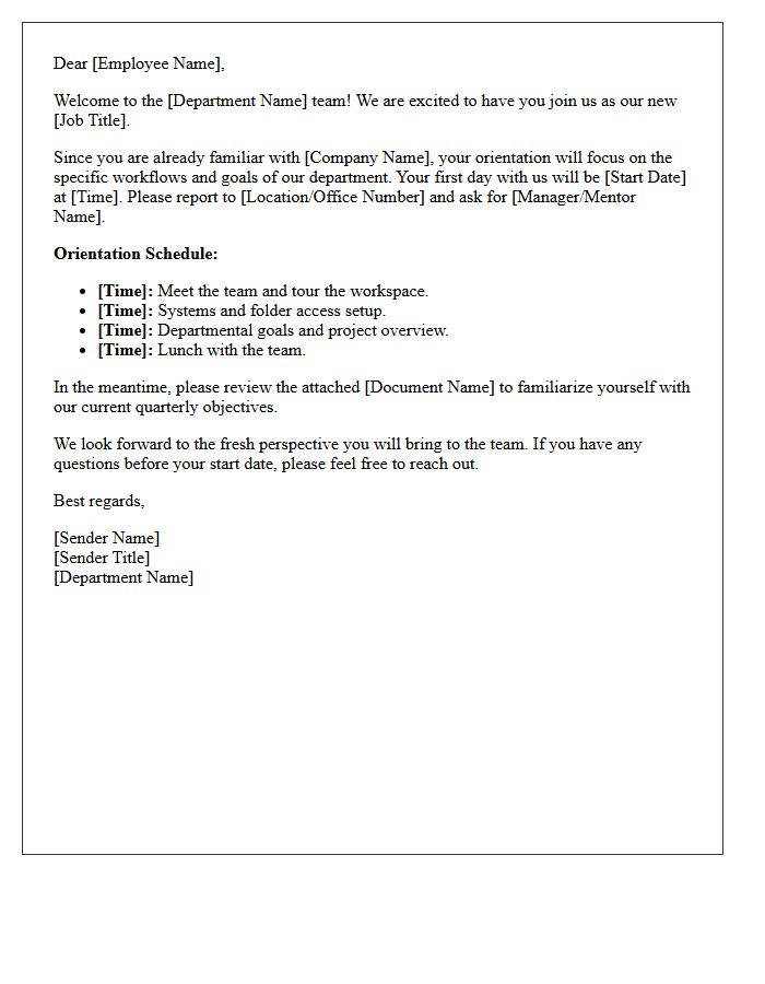 Orientation Welcome Letter for Internal Department Transfer