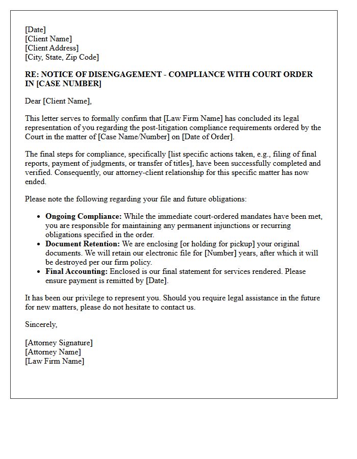 Post-Litigation Court Order Compliance Disengagement Letter