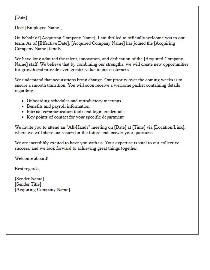 Welcome Letter to Acquired Company Staff