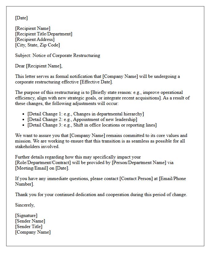 Notice of Corporate Restructuring Letter