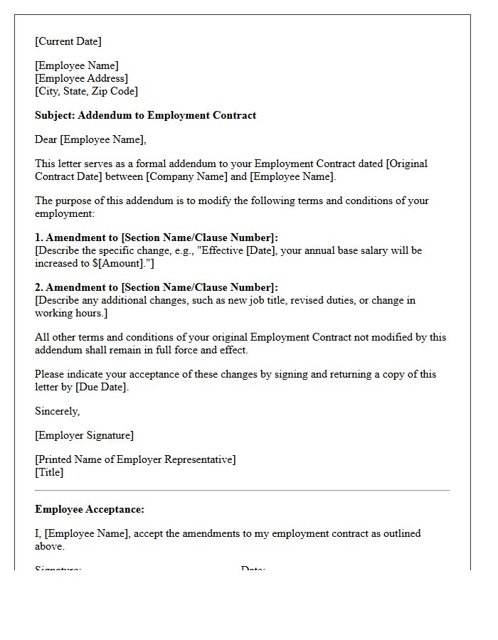 Employment Contract Addendum Letter