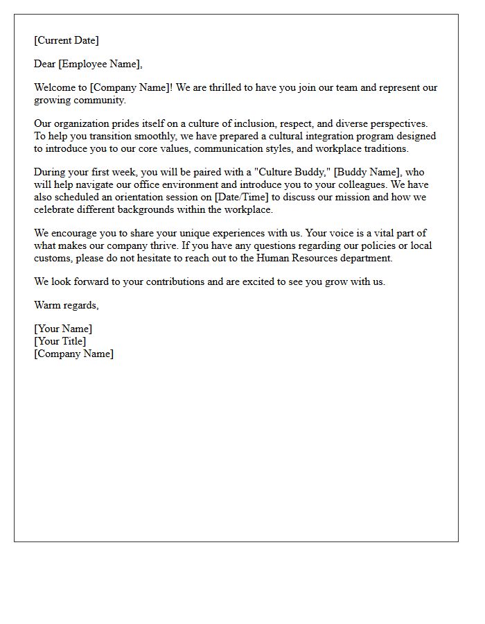 Cultural Integration Welcome Letter