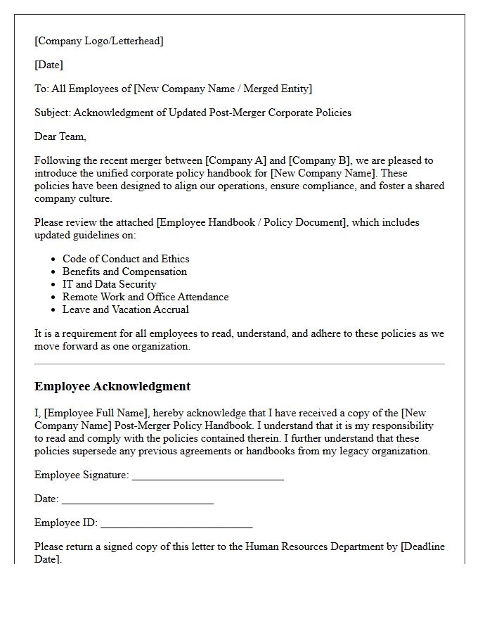 Post-Merger Policy Acknowledgment Letter